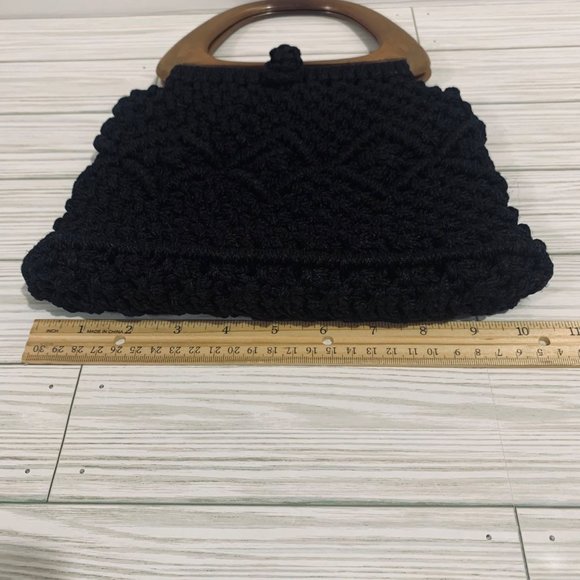 Handmade Black Macrame Faux Wooden Handle Bag New - Picture 7 of 10